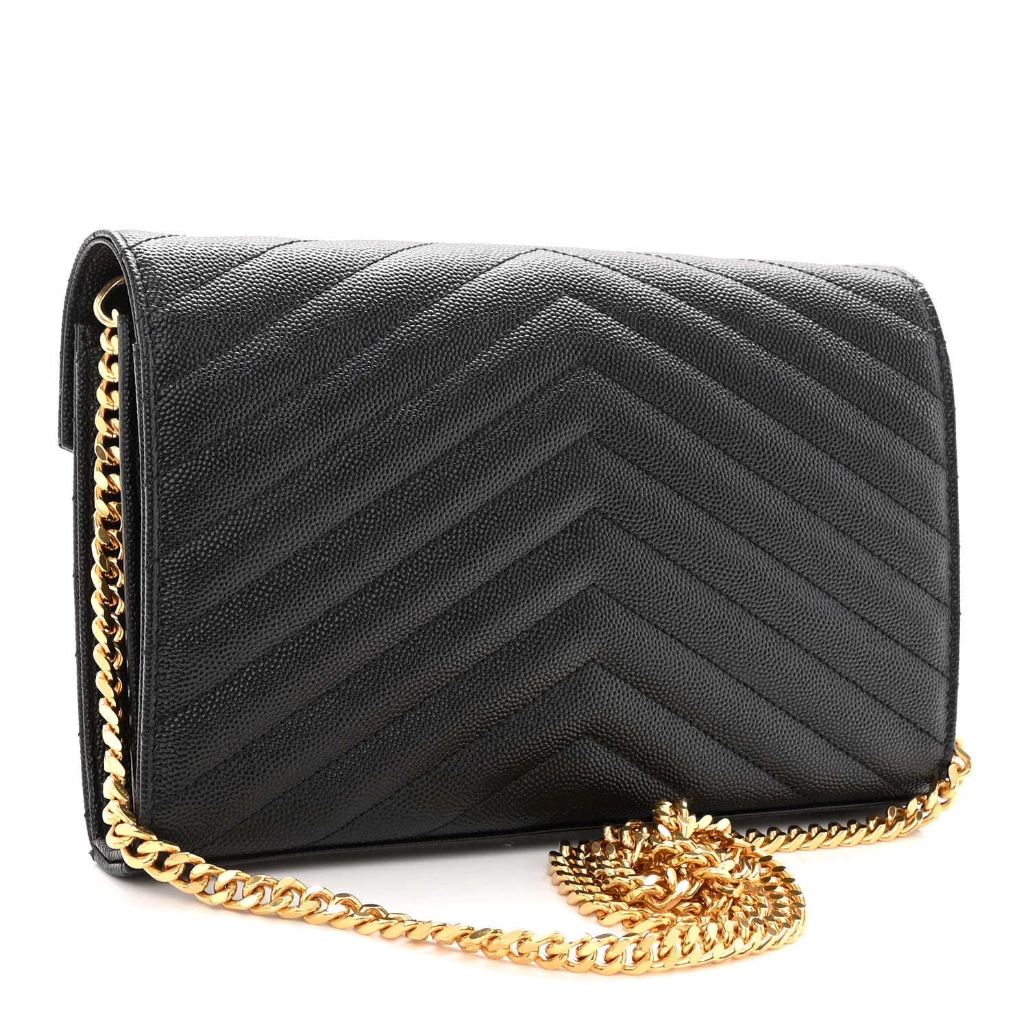 Saint Laurent Grain De Poudre Matelasse Chevron Monogram Chain Wallet Black 3 of 9
