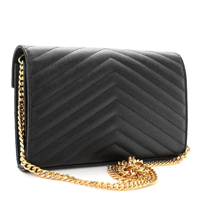 Saint Laurent Grain De Poudre Matelasse Chevron Monogram Chain Wallet Black 3 of 9