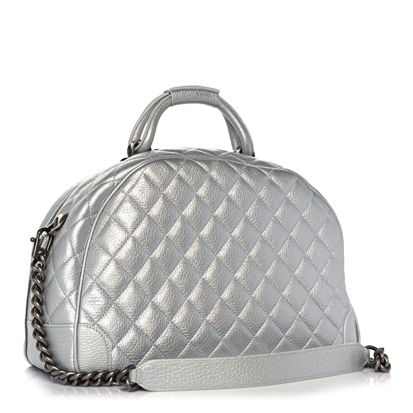 Metallic Calfskin Quilted Medium Airlines Round Trip Bowling Bag Silver