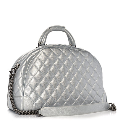 Chanel Metallic Calfskin Quilted Medium Airlines Round Trip Bowling Bag Silver 3 of 14