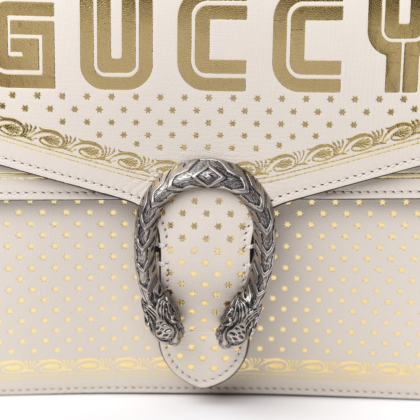 X SEGA Calfskin GUCCY Stars Medium Dionysus Shoulder Bag Mystic White Gold