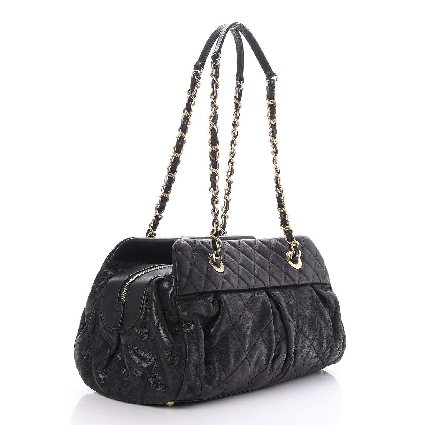 Iridescent Calfskin Chic Quilt Bowling Bag Black