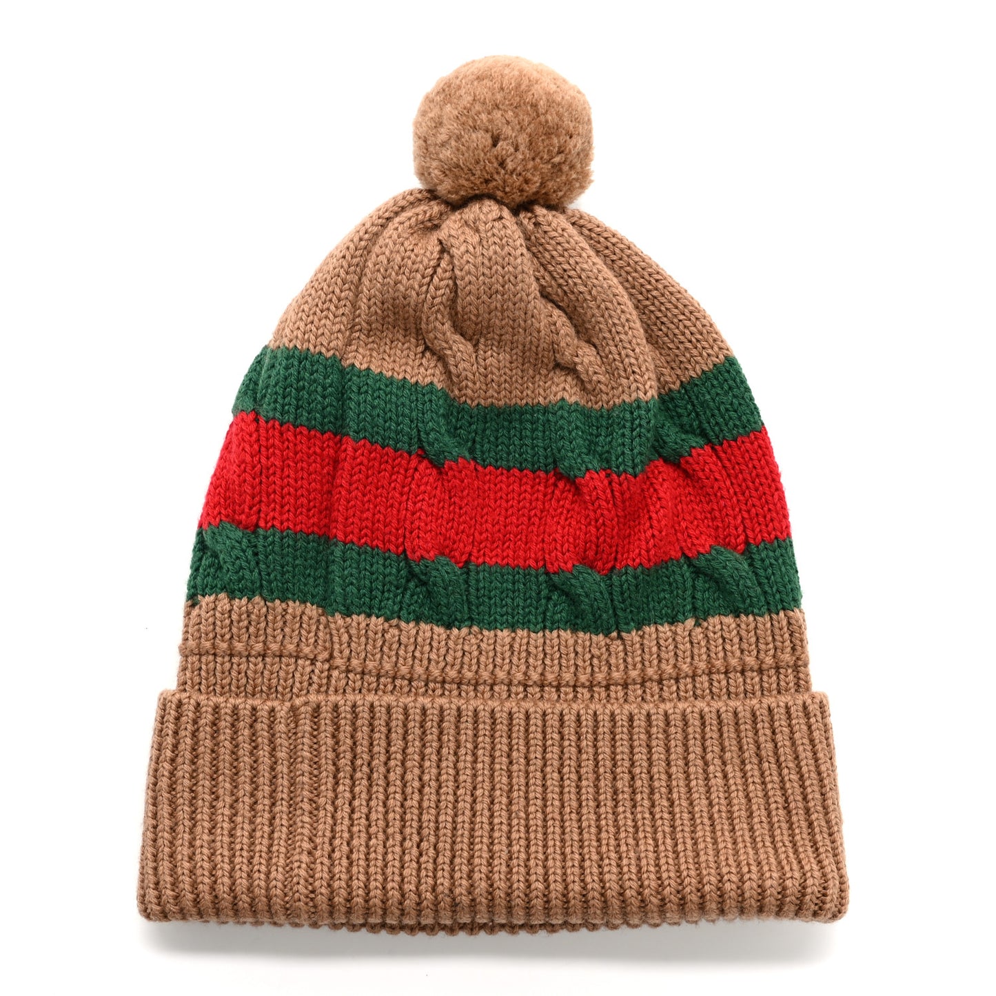 Wool Web Cable Knit Beanie Hat Camel