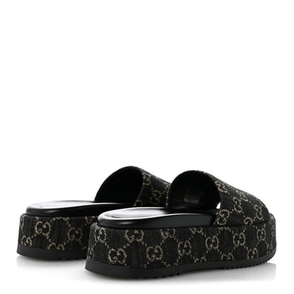 Gucci Jacquard Black Denim GG Monogram Angelina Platform 55mm Slide Sandals 38.5 Black Ivory 5 of 12