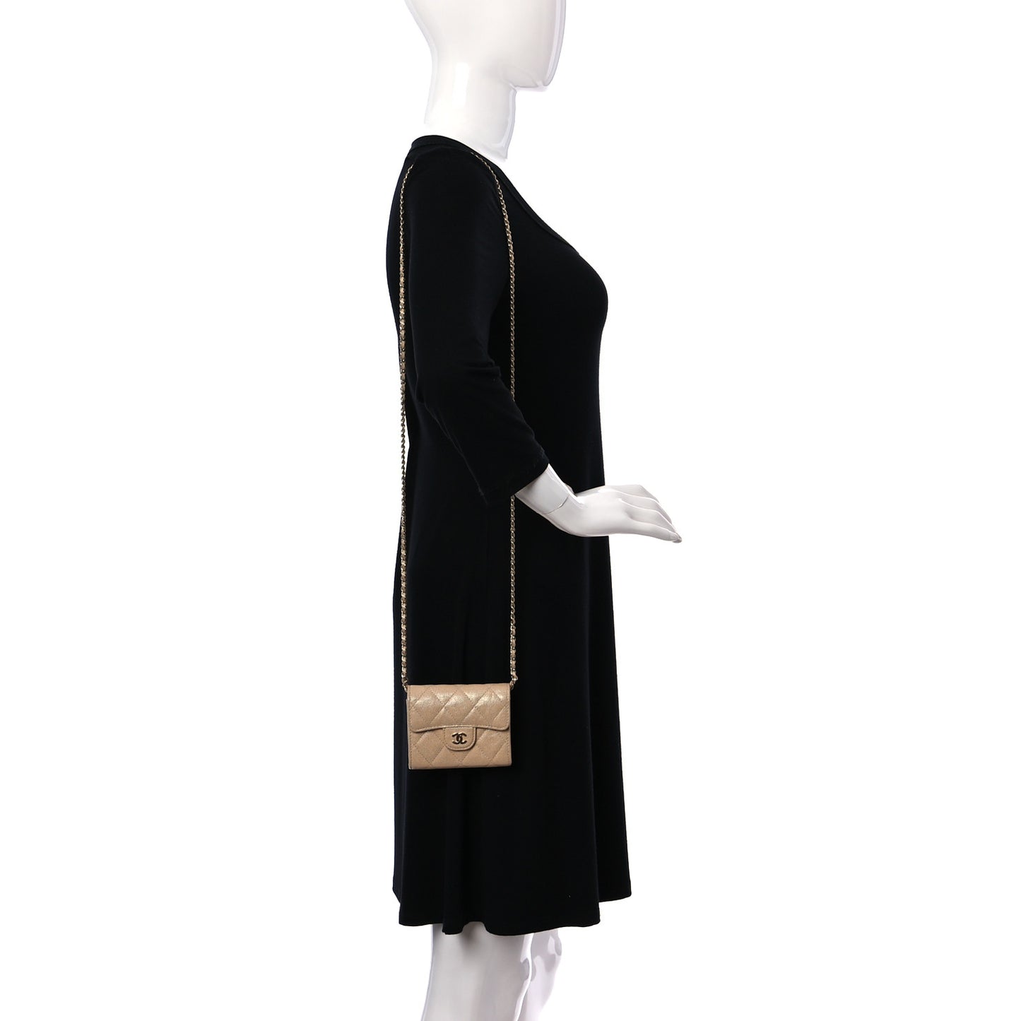 Iridescent Caviar Quilted Flap Card Holder On Chain Beige