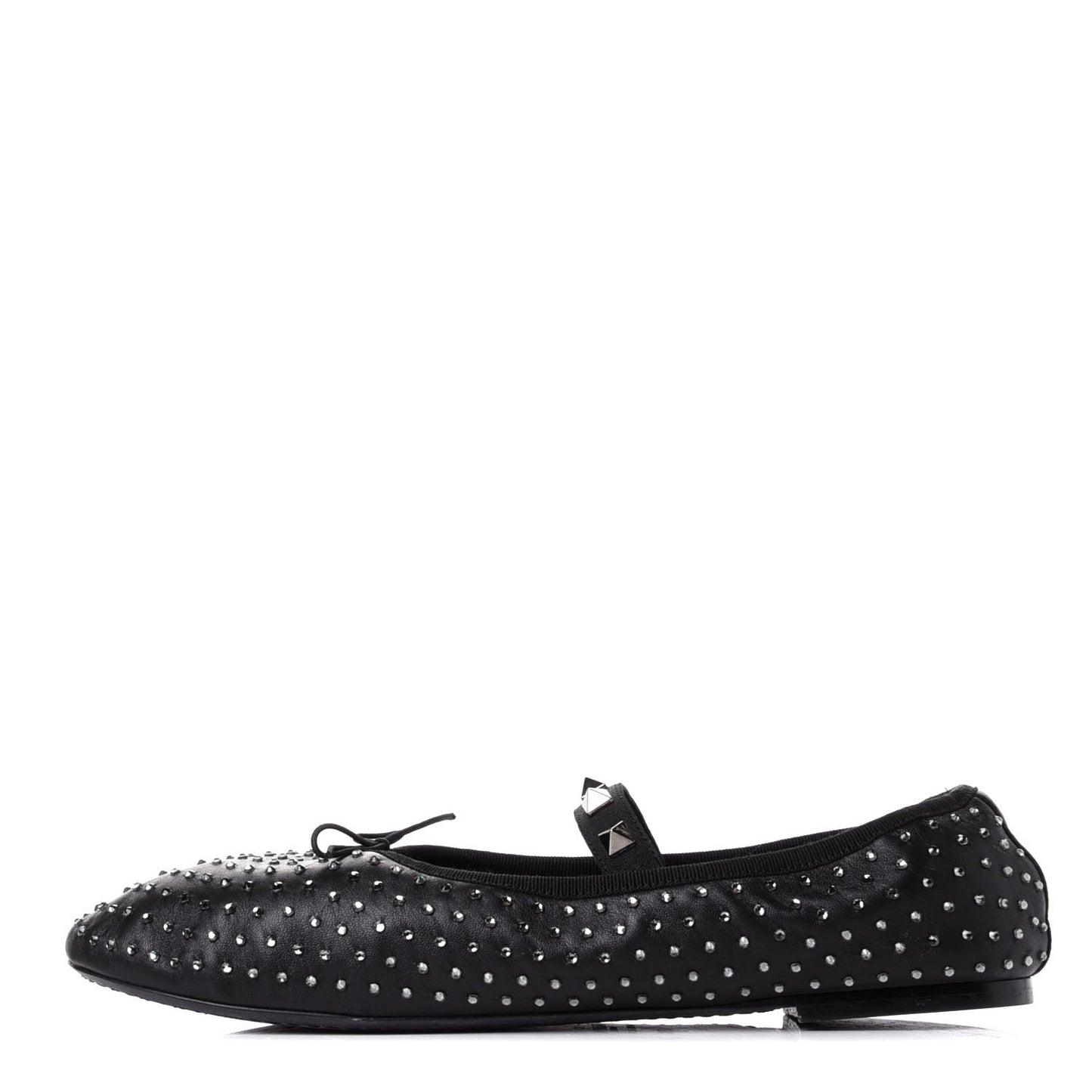 Nappa Crystal Studded Rockstud Cross Strap Ballerina Flats 39.5 Black