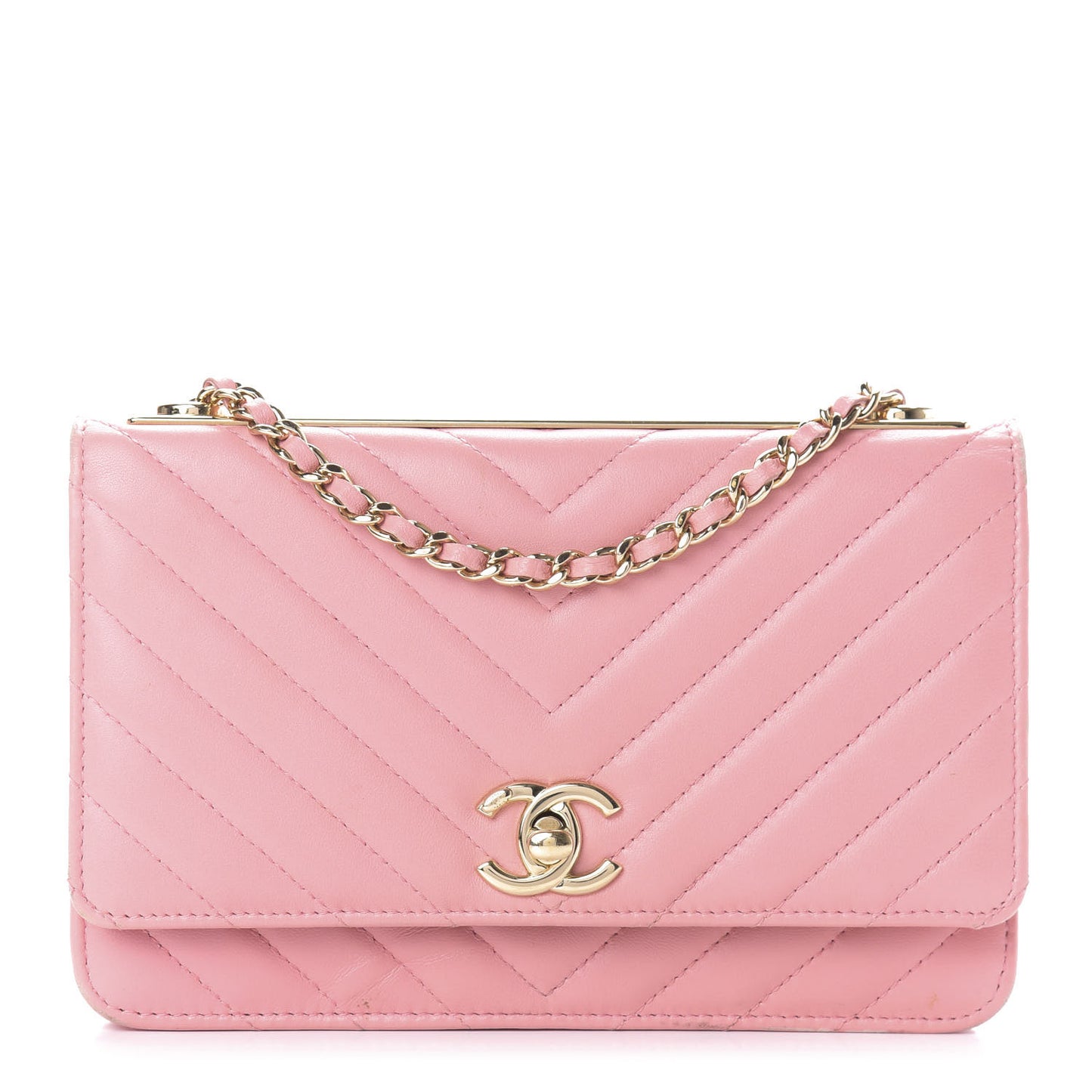 Lambskin Chevron Quilted Trendy CC Wallet On Chain WOC Pink