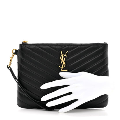 Saint Laurent Calfskin Matelasse Chevron Monogram Tablet Pouch Black 2 of 6