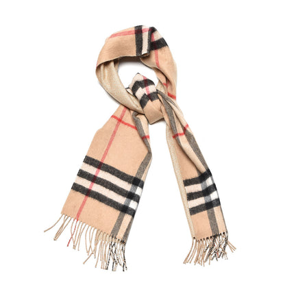 Burberry Metallic Cashmere Reversible Check Fringe Scarf Camel Gold 1 of 6