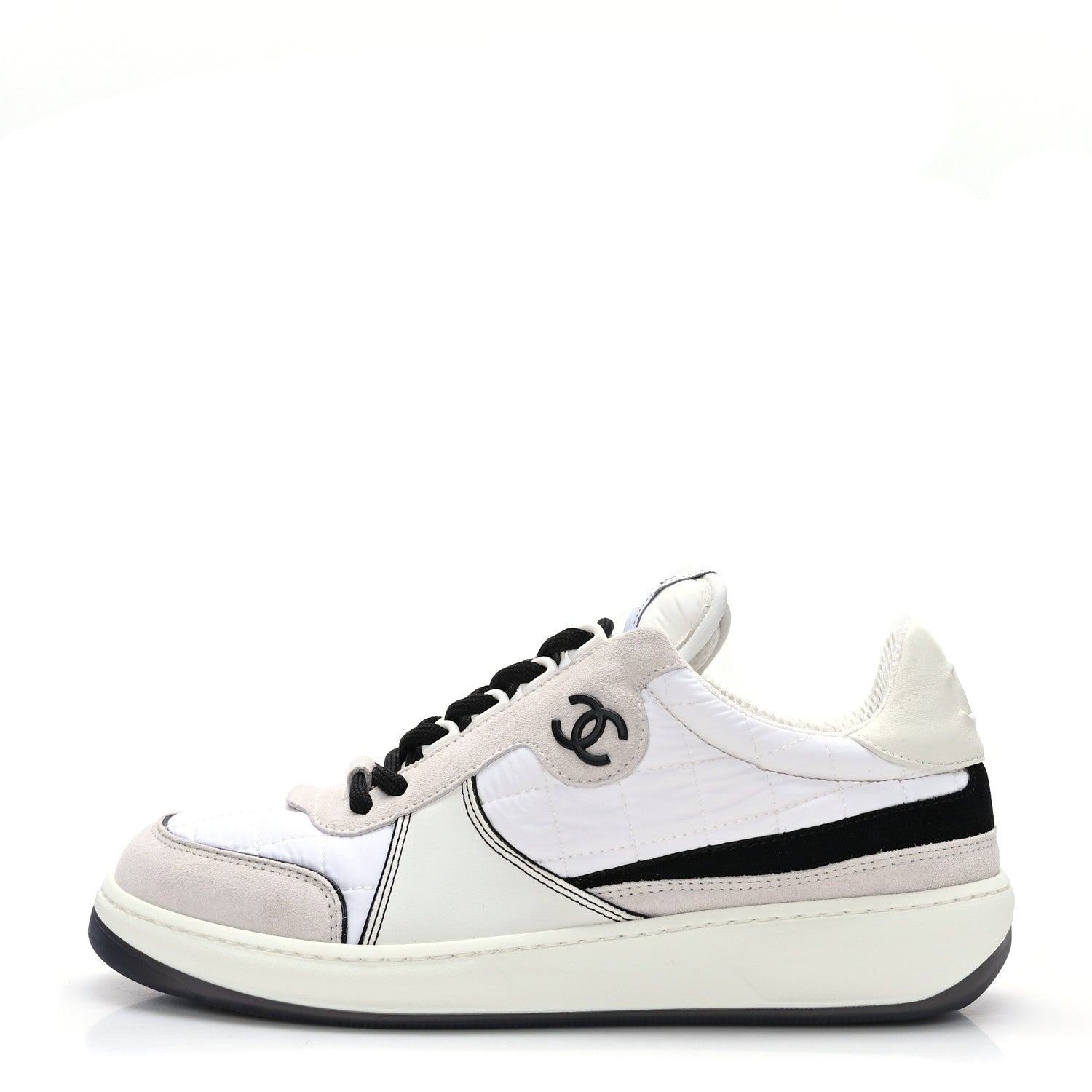 Chanel Suede Fabric Calfskin Womens CC Sneakers 38.5 White Light Gray 1 of 8