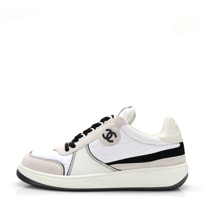 Chanel Suede Fabric Calfskin Womens CC Sneakers 38.5 White Light Gray 1 of 8