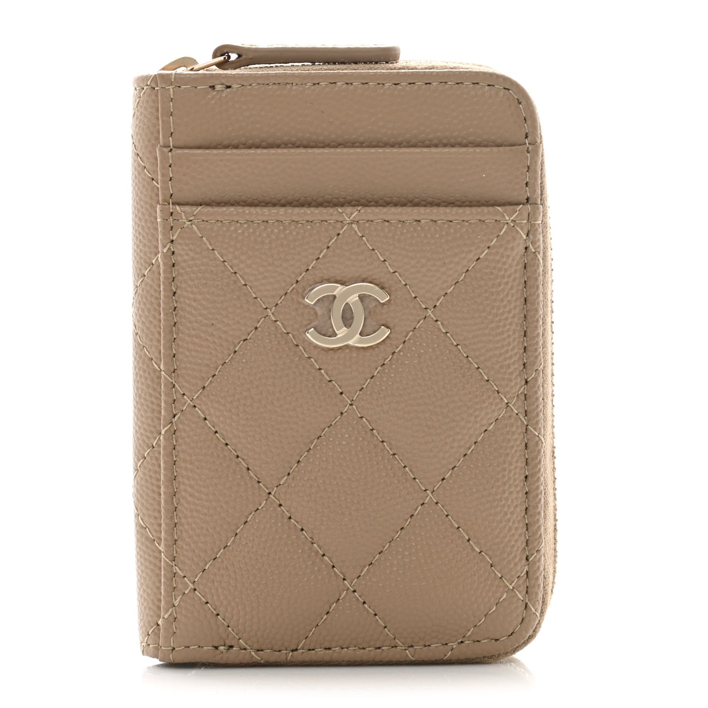 Caviar Quilted Zip Card Holder Beige