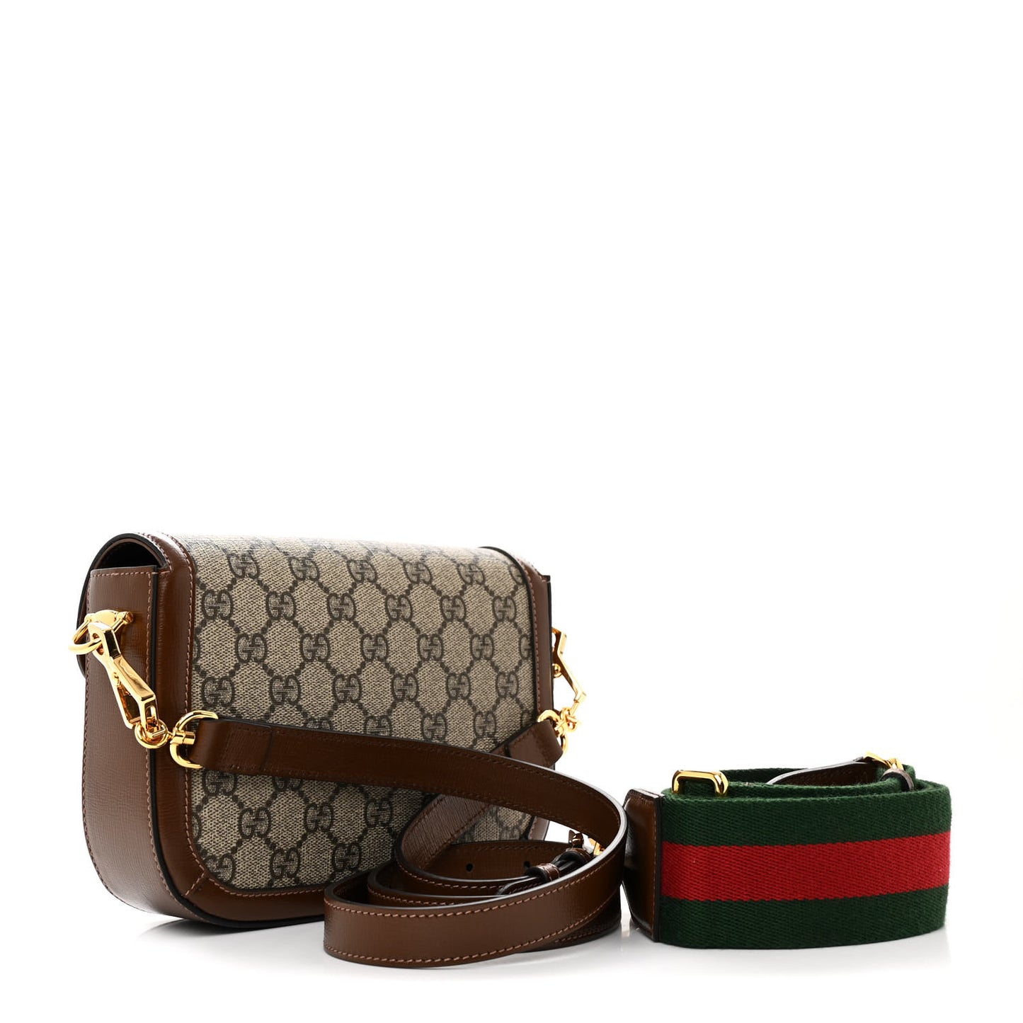 GG Supreme Monogram Azalea Calfskin Web Mini Horsebit 1955 Shoulder Bag Beige Ebony Brown Sugar