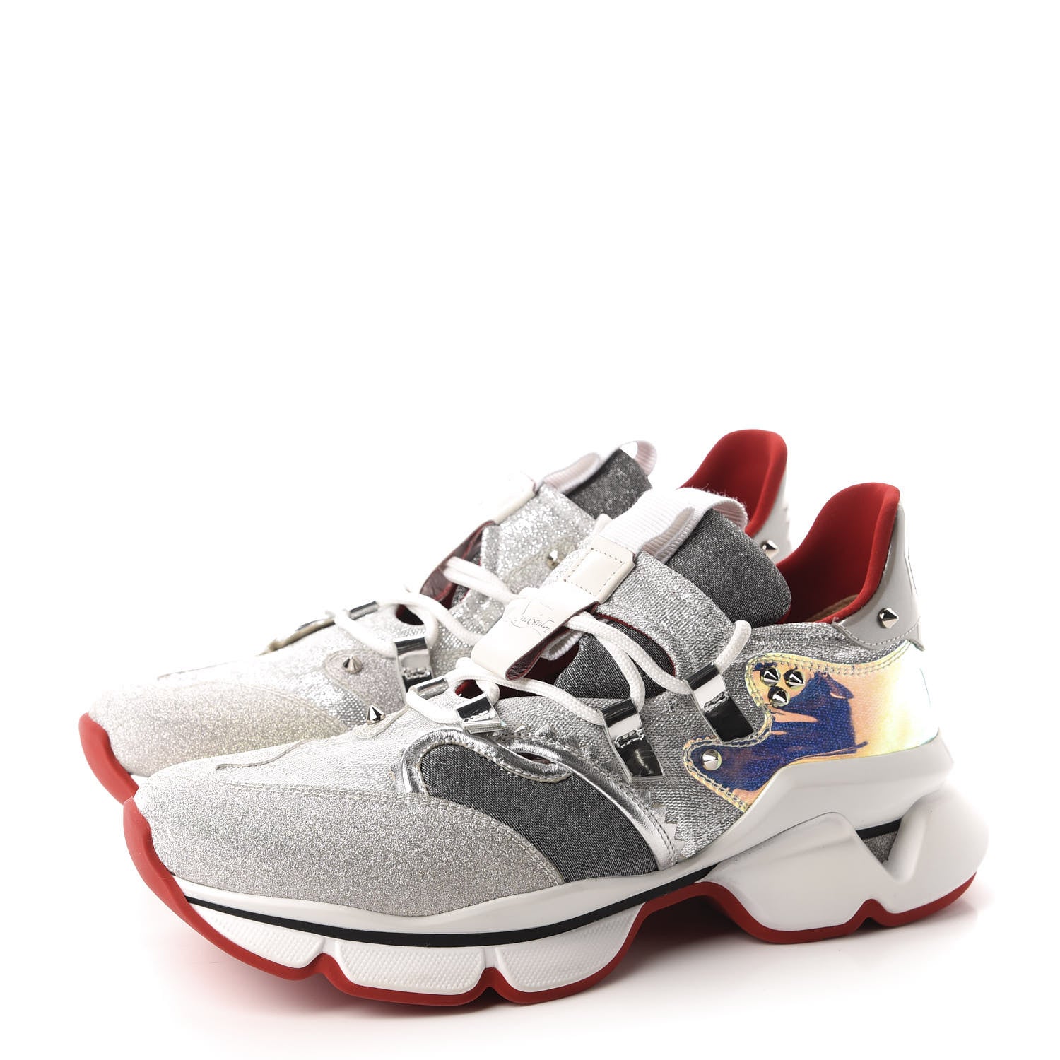 Christian Louboutin Glitter Sunset Red Runner Flat Sneakers 40.5 Silver 3 of 9