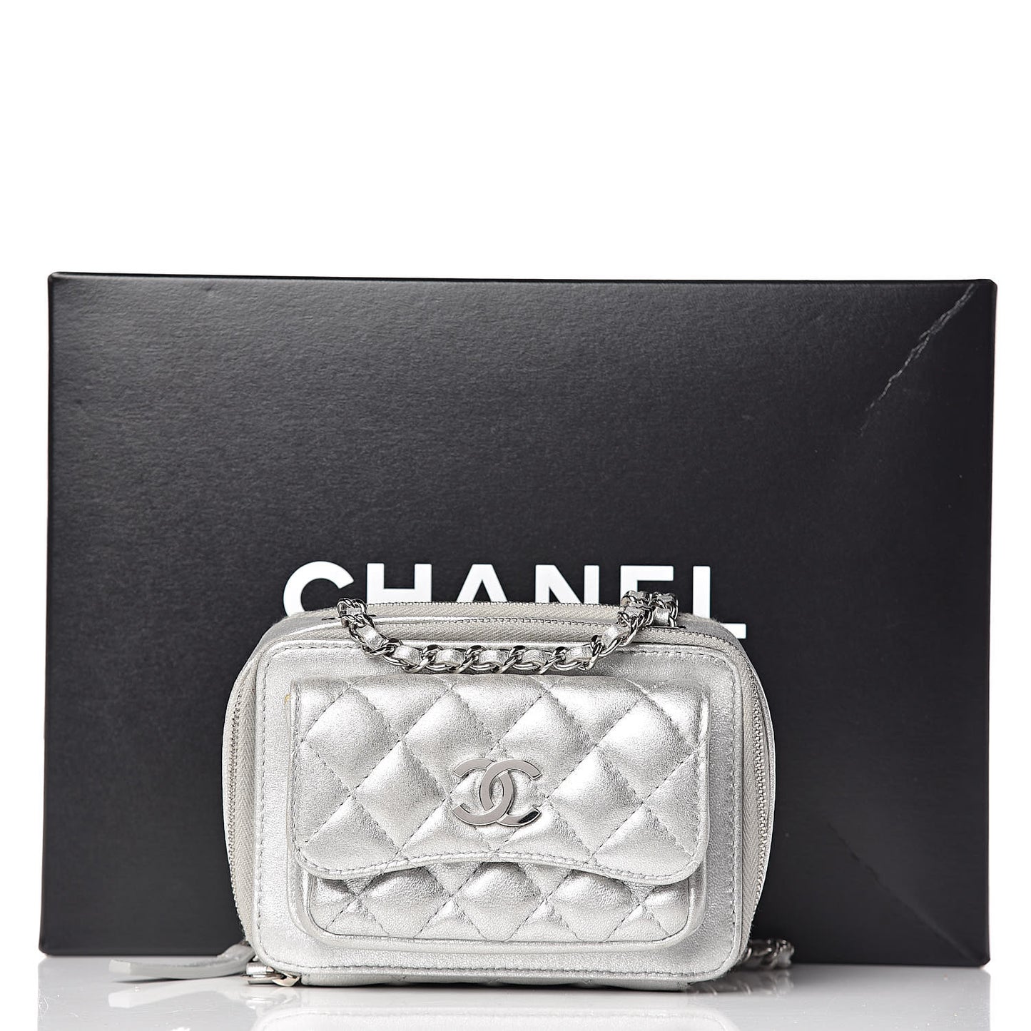 Metallic Lambskin Quilted Mini Pocket Box Camera Case Silver