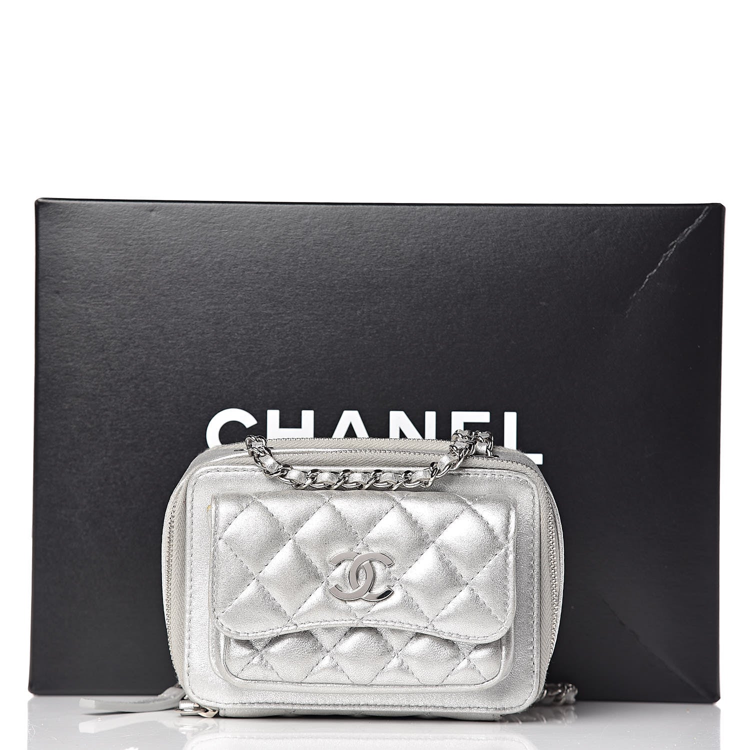 Chanel Metallic Lambskin Quilted Mini Pocket Box Camera Case Silver 15 of 15