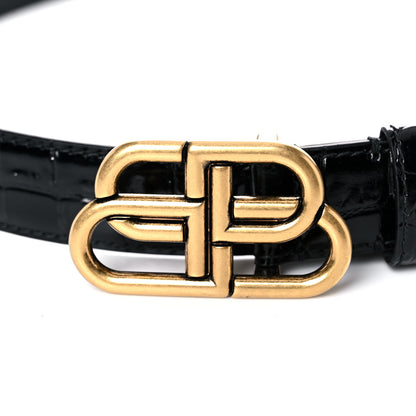 Balenciaga Shiny Calfskin Crocodile Embossed BB 25mm Thin Belt 85 34 Black 5 of 7