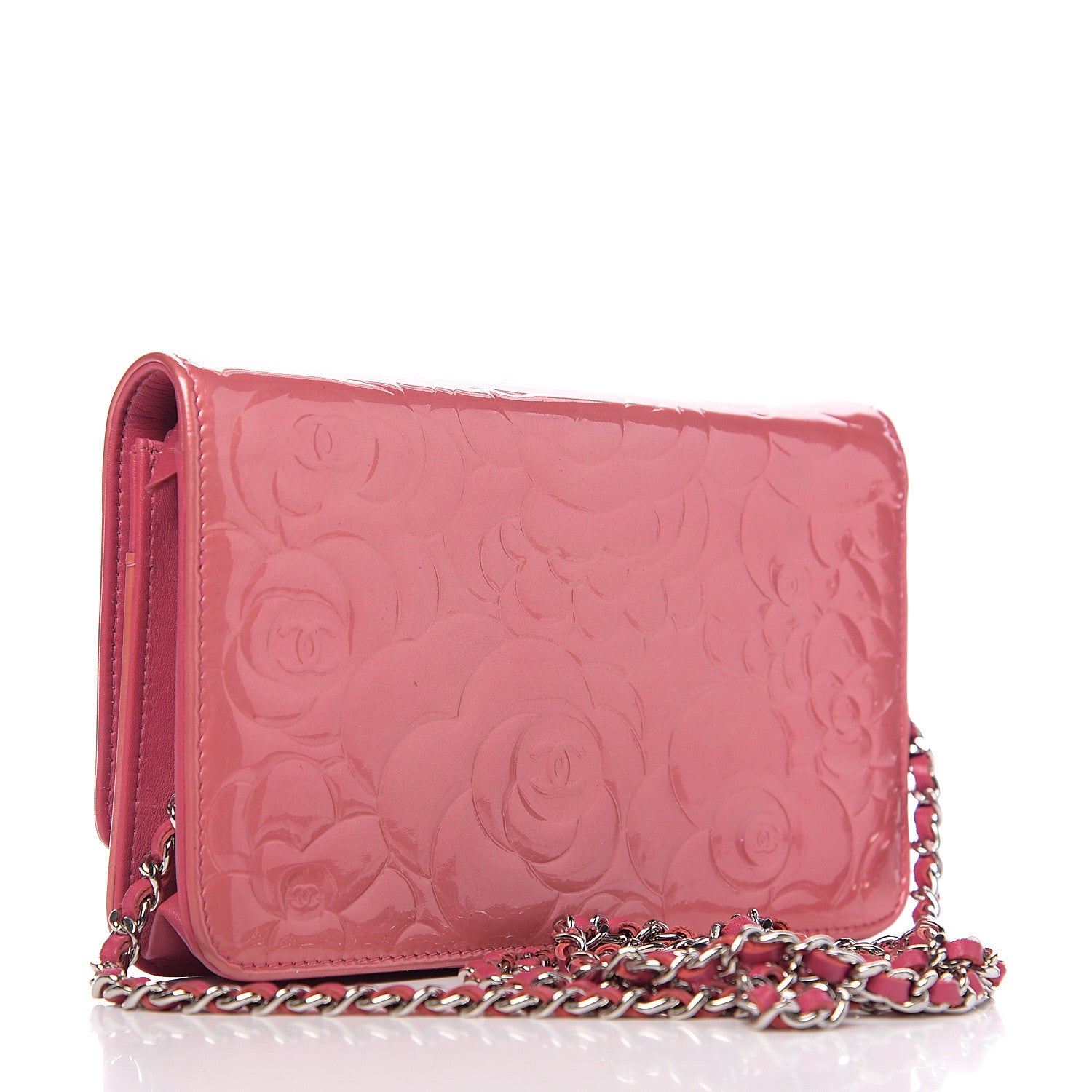 Chanel Patent Camellia Embossed Wallet on Chain WOC Rose 2 of 10