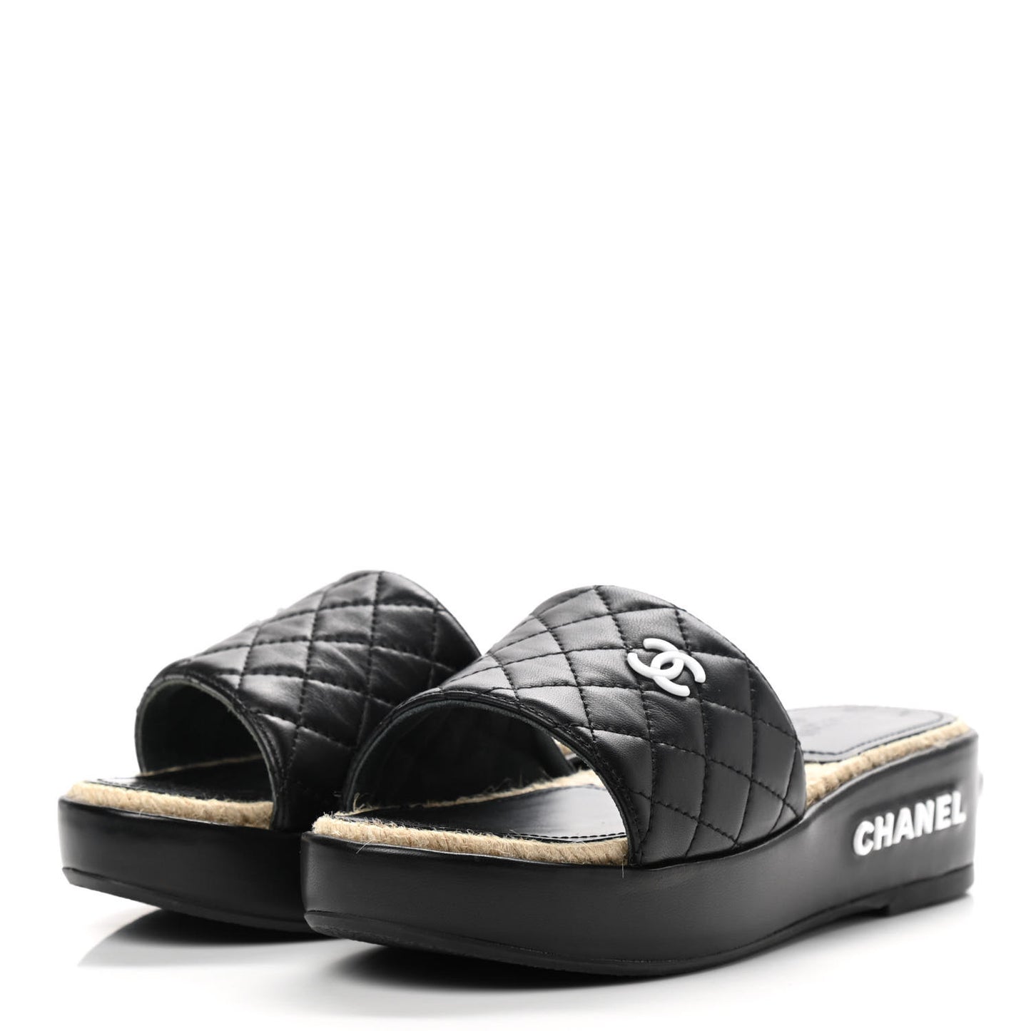Lambskin Quilted CC Espadrille Slip On Sandals 35 Black