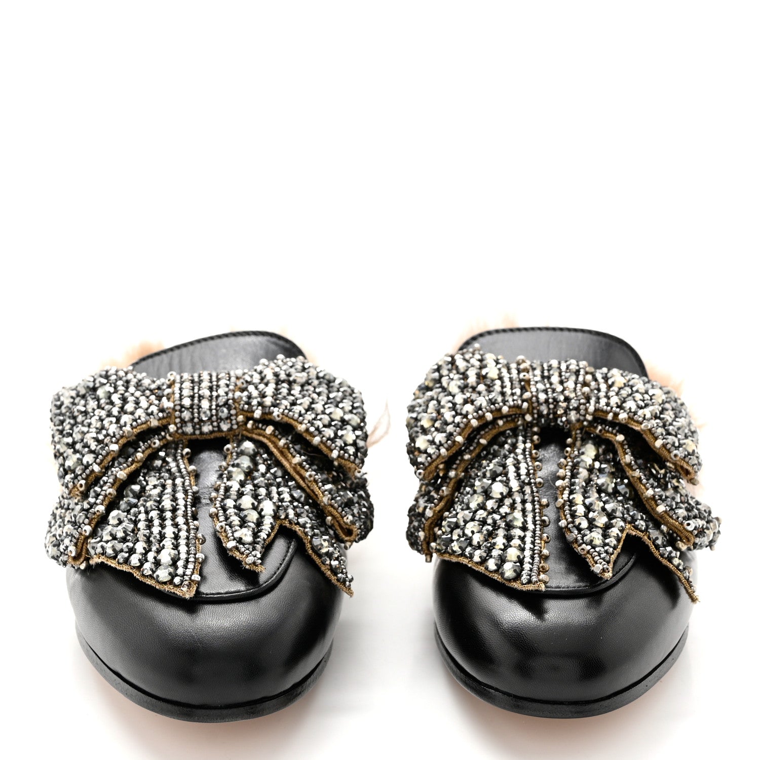 Gucci Malaga Kid Fur Crystal Bow Embroidered Womens Princetown Slippers 35 Black 2 of 11