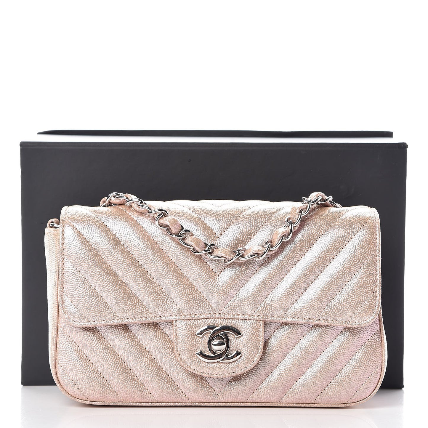 Iridescent Caviar Chevron Quilted Mini Rectangular Flap Light Gold