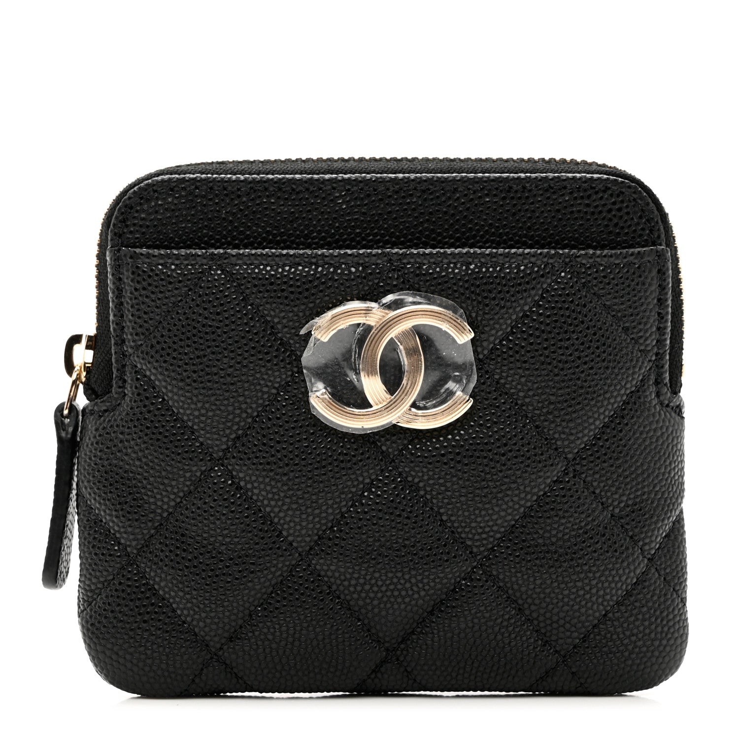 Chanel Caviar Metal Quilted Striated Zip Card Holder Wallet Black 1 of 8