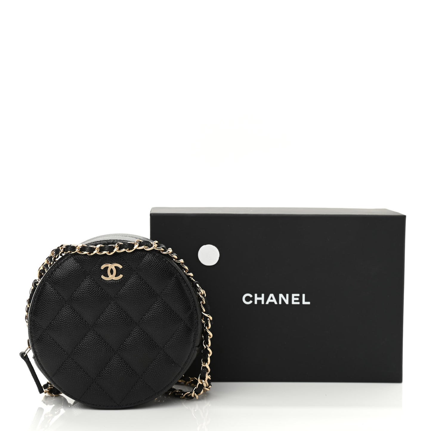 Caviar Quilted Round Clutch With Chain Black