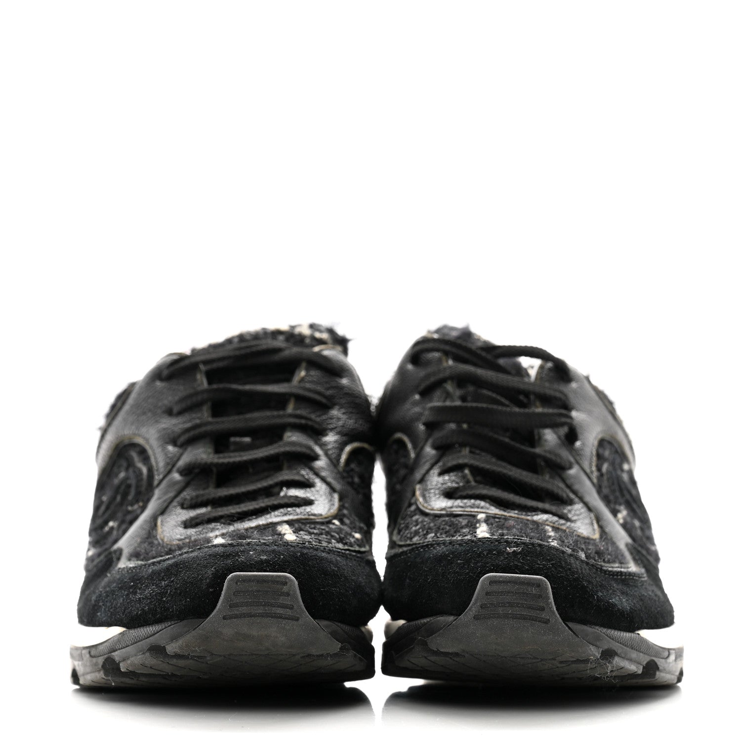 Chanel Tweed Suede Goatskin CC Sneakers 38 Black White 3 of 11