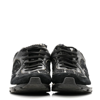 Chanel Tweed Suede Goatskin CC Sneakers 38 Black White 3 of 11