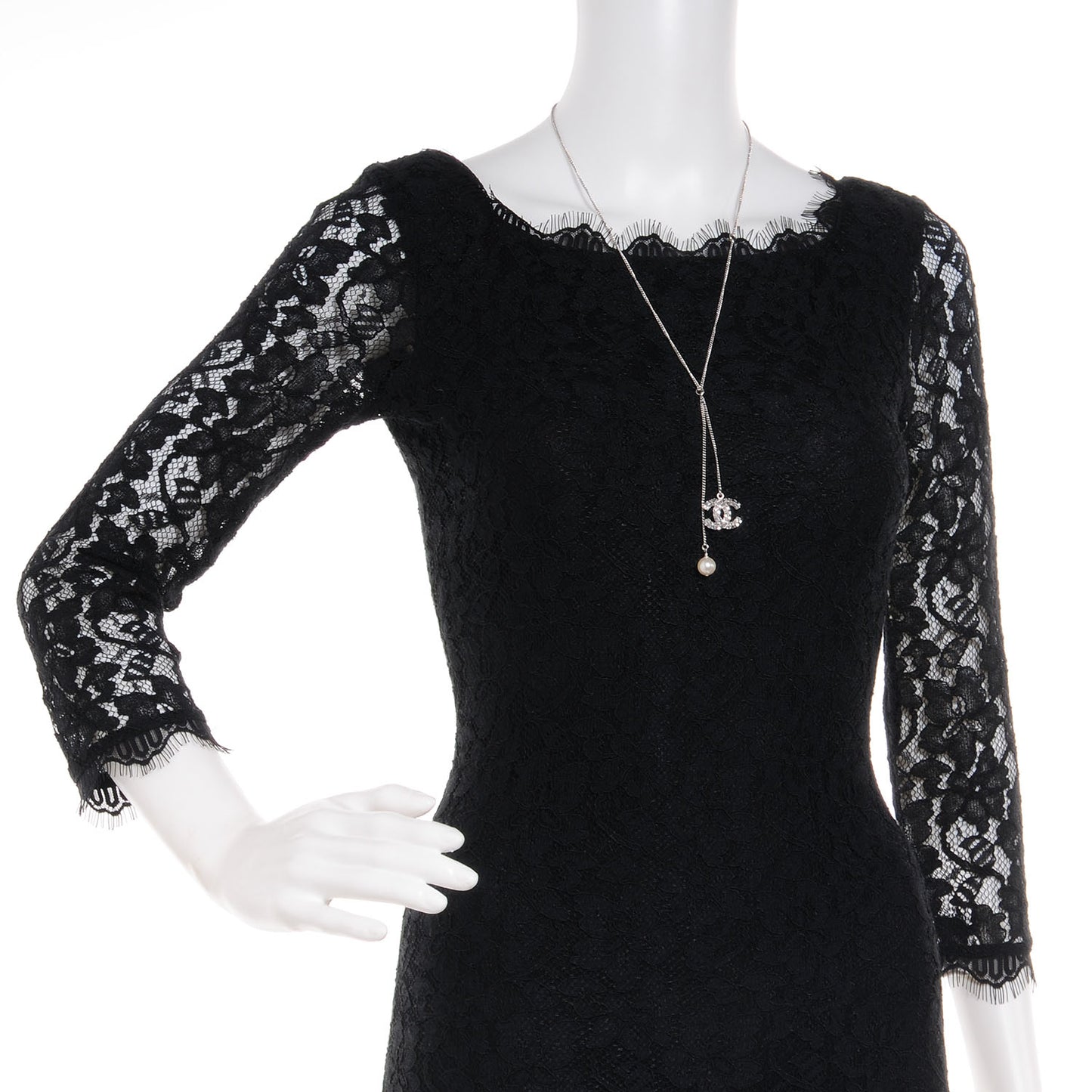 Baguette Crystal Pearl CC Lariat Necklace Silver