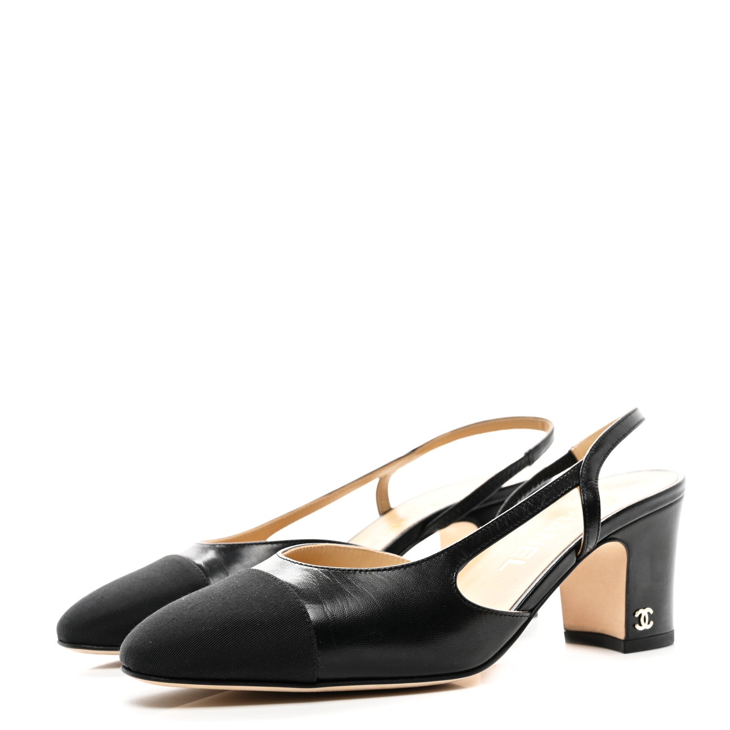 Chanel Goatskin Grosgrain Cap Toe CC Slingback Pumps 37.5 Black 3 of 9