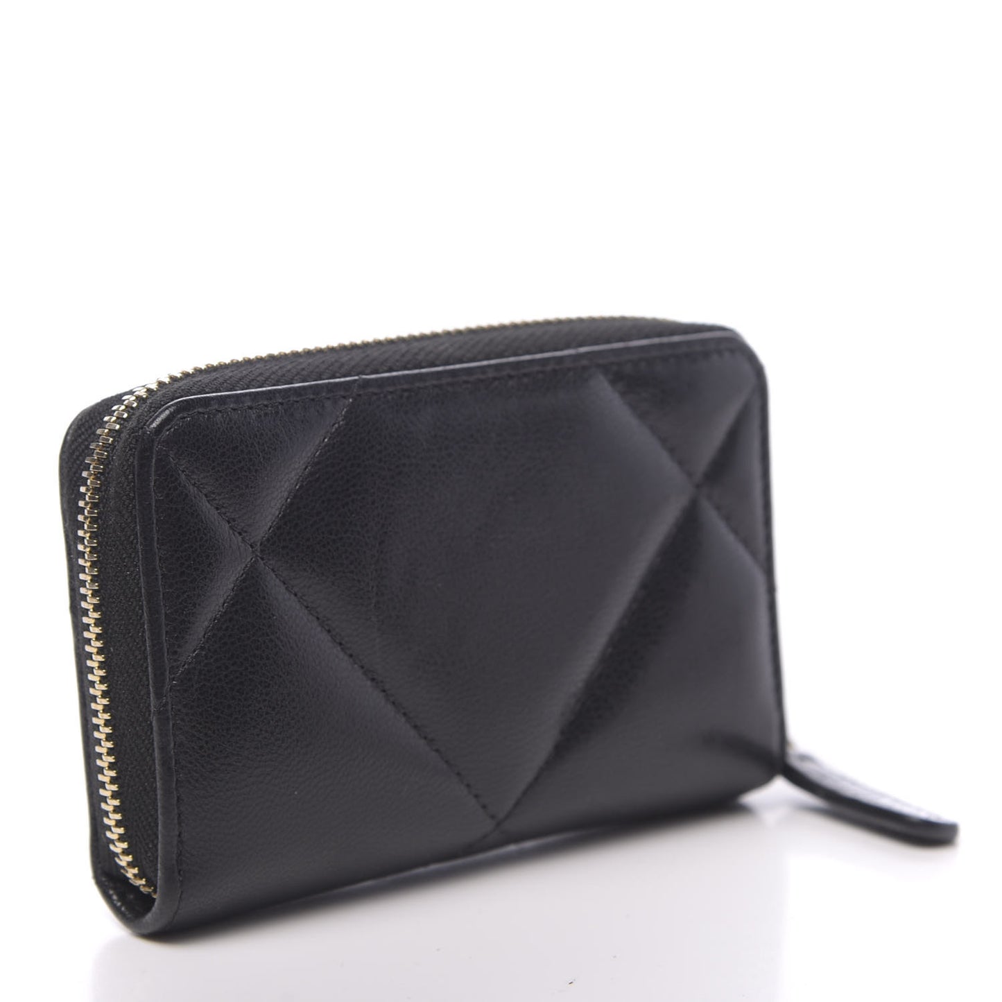 Shiny Goatskin Quilted Chanel 19 Zip Around Coin Purse Wallet Black