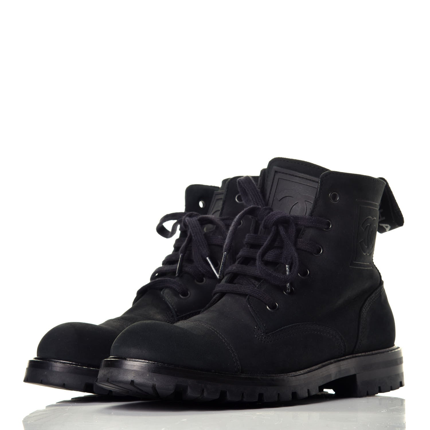 Chanel Calfskin Suede Quilted Lace Up Combat Boots 38 Black 3 of 8