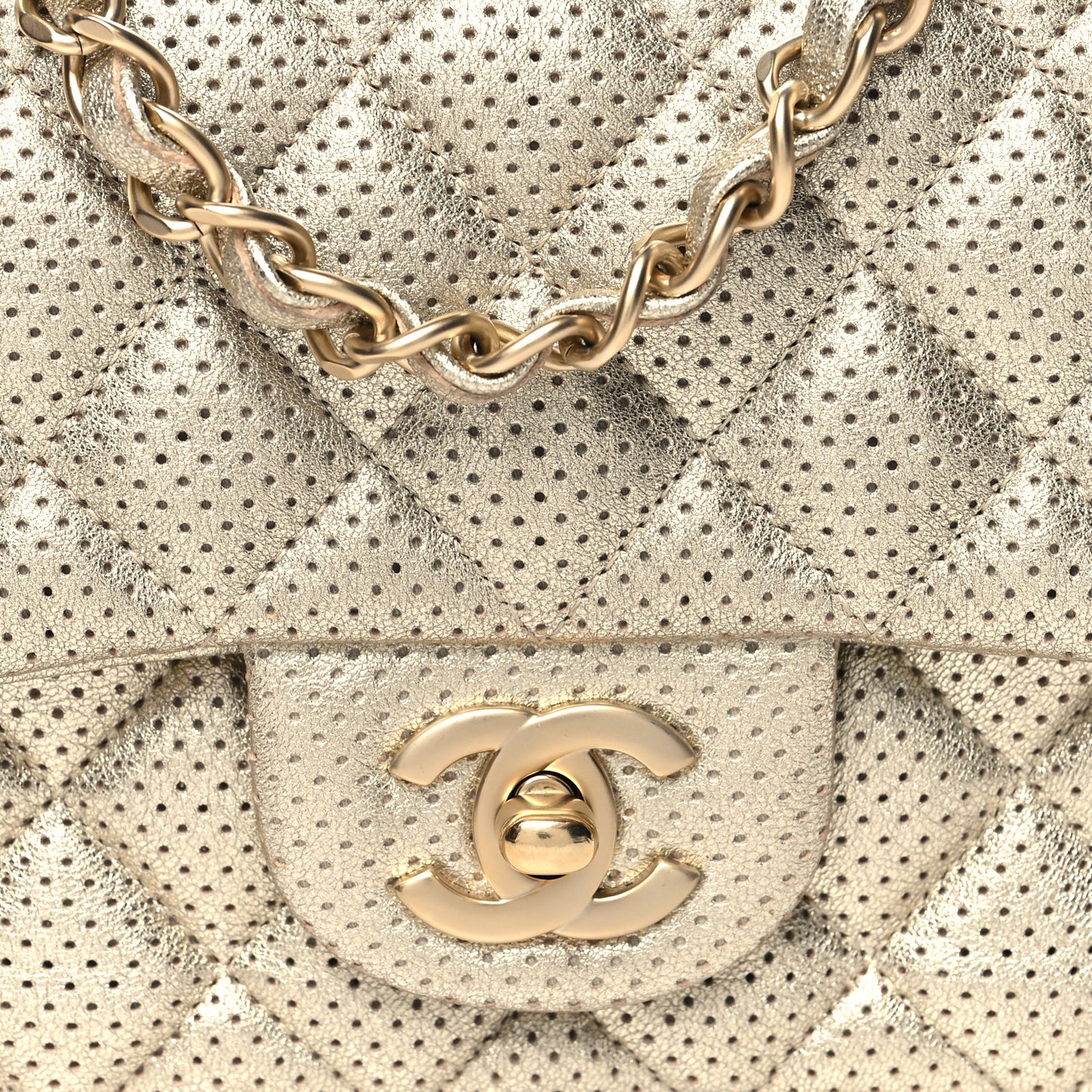 Metallic Lambskin Perforated Mini Rectangular Flap Light Gold