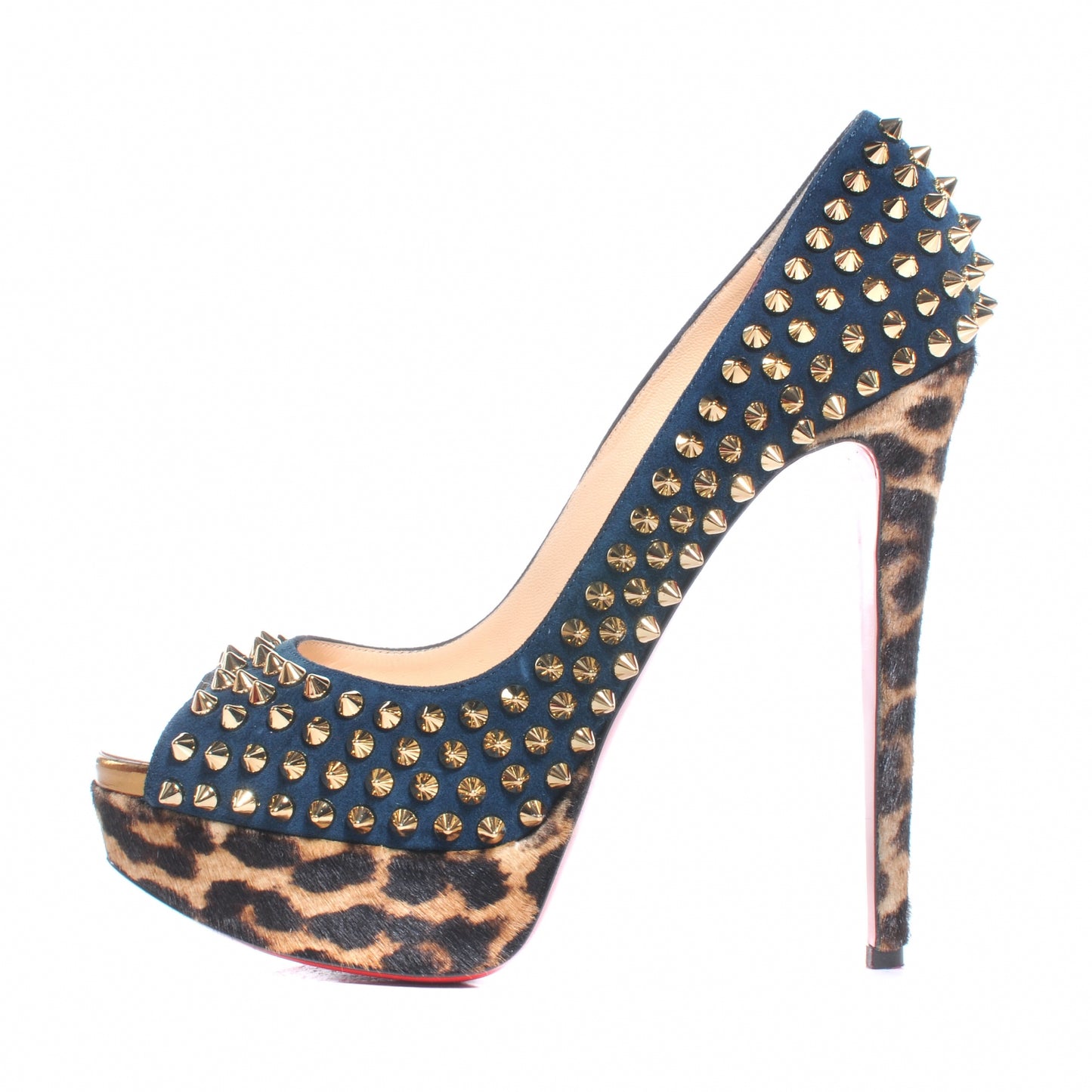 Veau Velours Calf Hair Leopard Lady Peep Spikes VIP 150 Pumps 38.5 Blue Khol Bronze