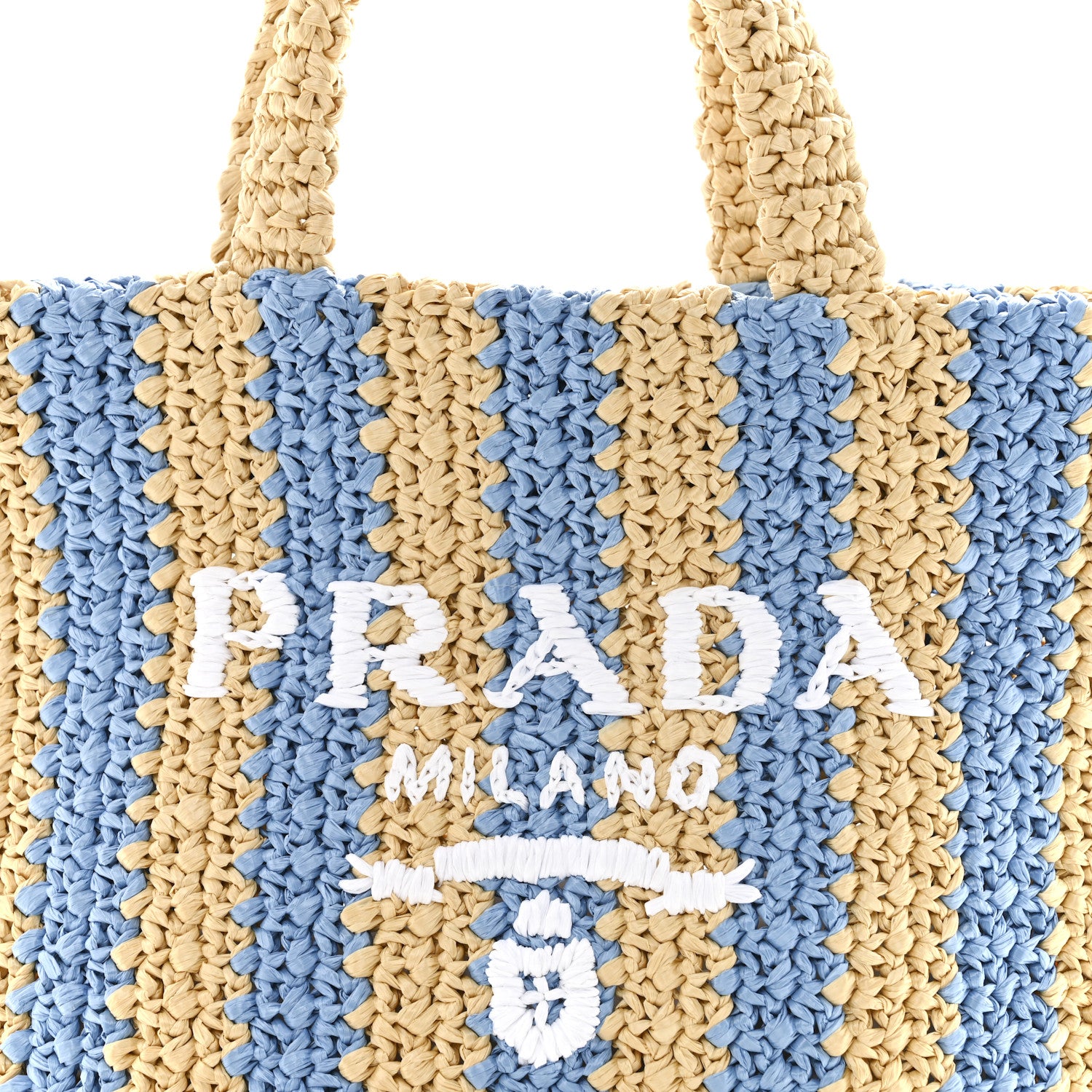 Prada Yarn Raffia Effect Crochet Striped Small Logo Tote Naturale