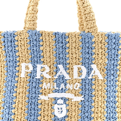 Prada Yarn Raffia Effect Crochet Striped Small Logo Tote Naturale Celeste 7 of 10