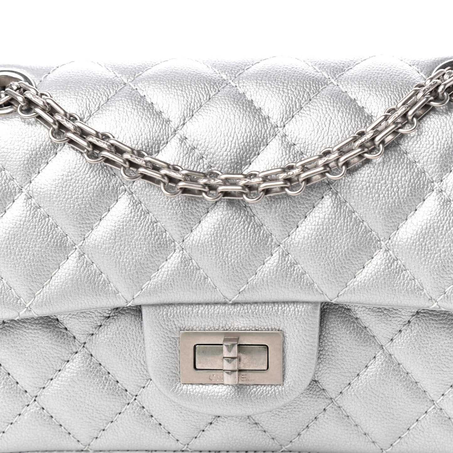 Metallic Grained Calfskin Quilted 2.55 Reissue Mini Flap Silver