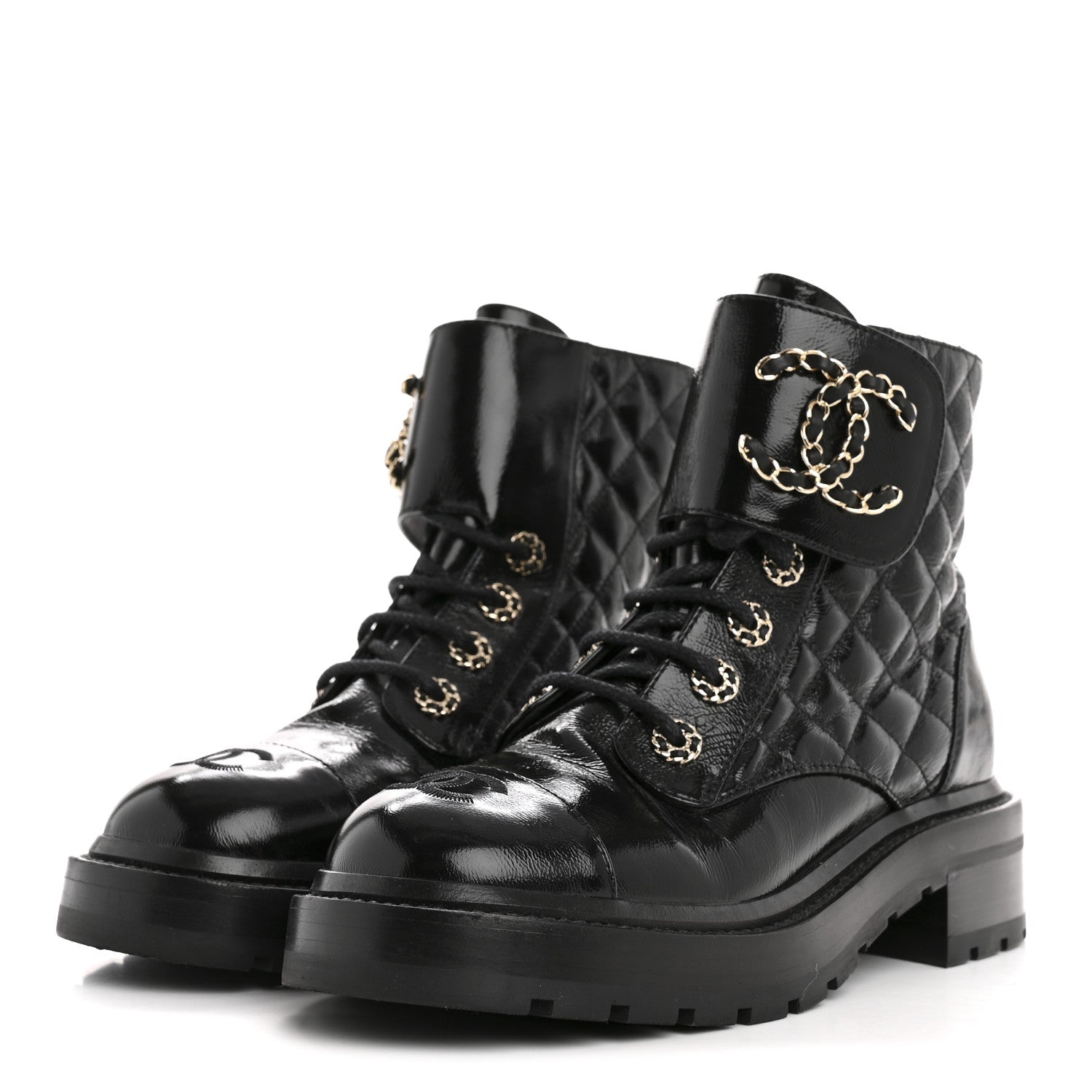 Chanel Shiny Goatskin Calfskin Quilted Lace Up Combat Boots 36.5 Black 4 of 9