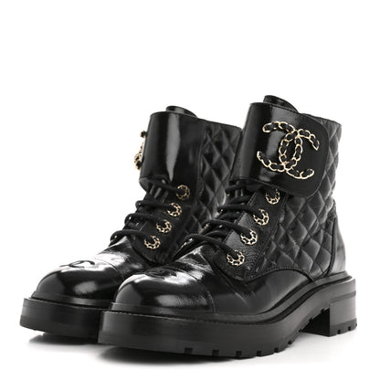Chanel Shiny Goatskin Calfskin Quilted Lace Up Combat Boots 36.5 Black 4 of 9