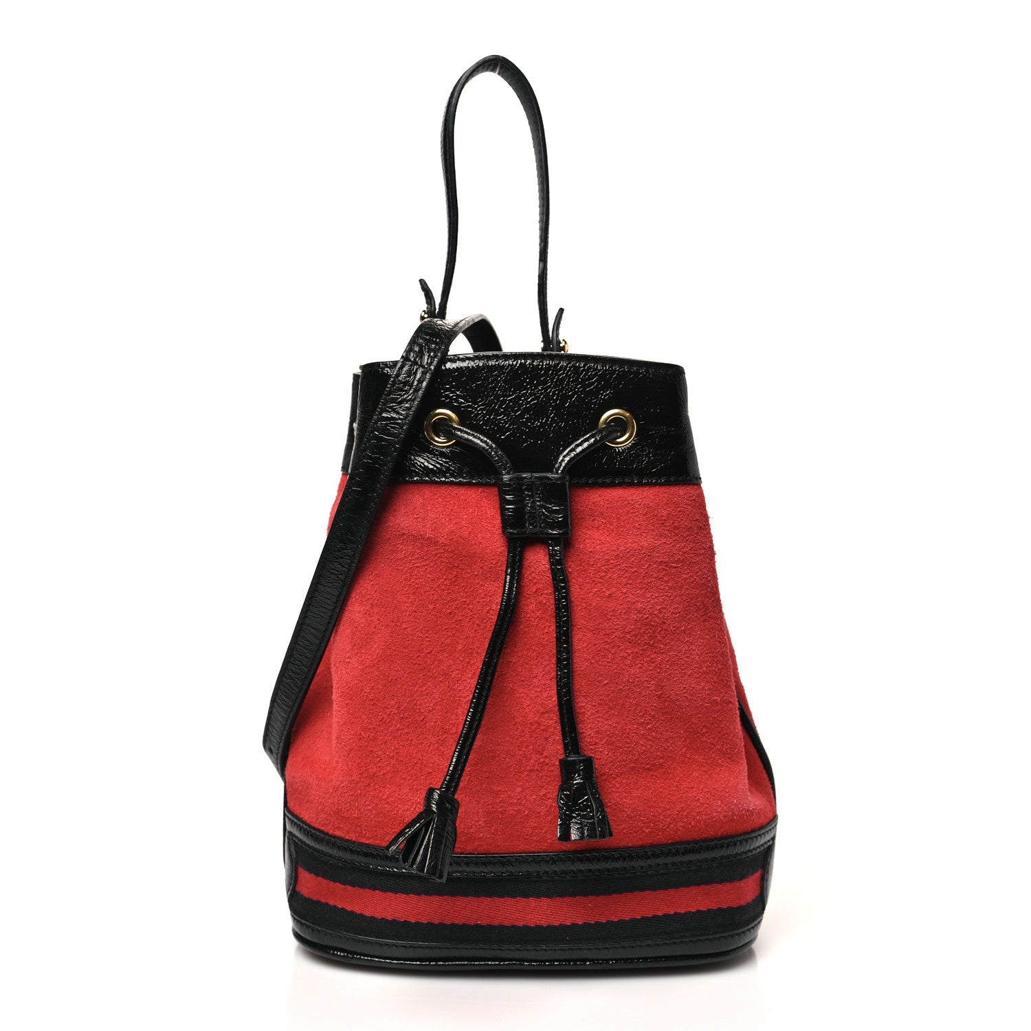 Gucci Suede Patent Web Small Ophidia Bucket Bag Hibiscus Red Black 1 of 9
