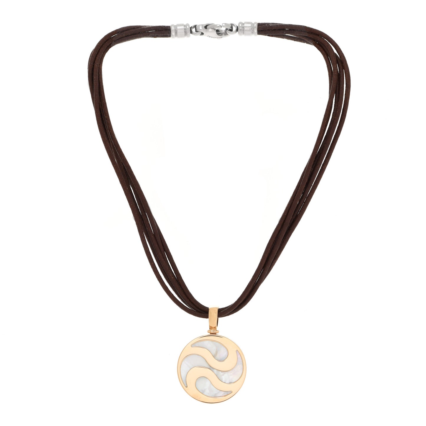 Stainless Steel 18K Yellow Gold Leather Mother of Pearl Optical Illusion Pendant Necklace
