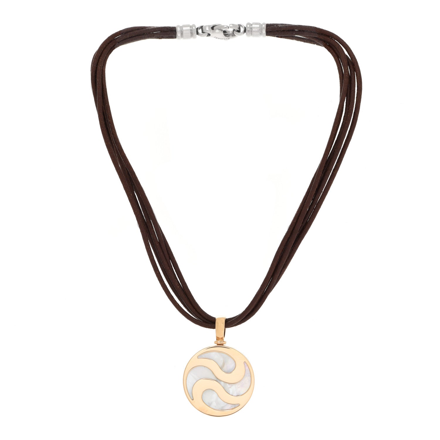 Bulgari Stainless Steel 18K Yellow Gold Leather Mother of Pearl Optical Illusion Pendant Necklace 3 of 7