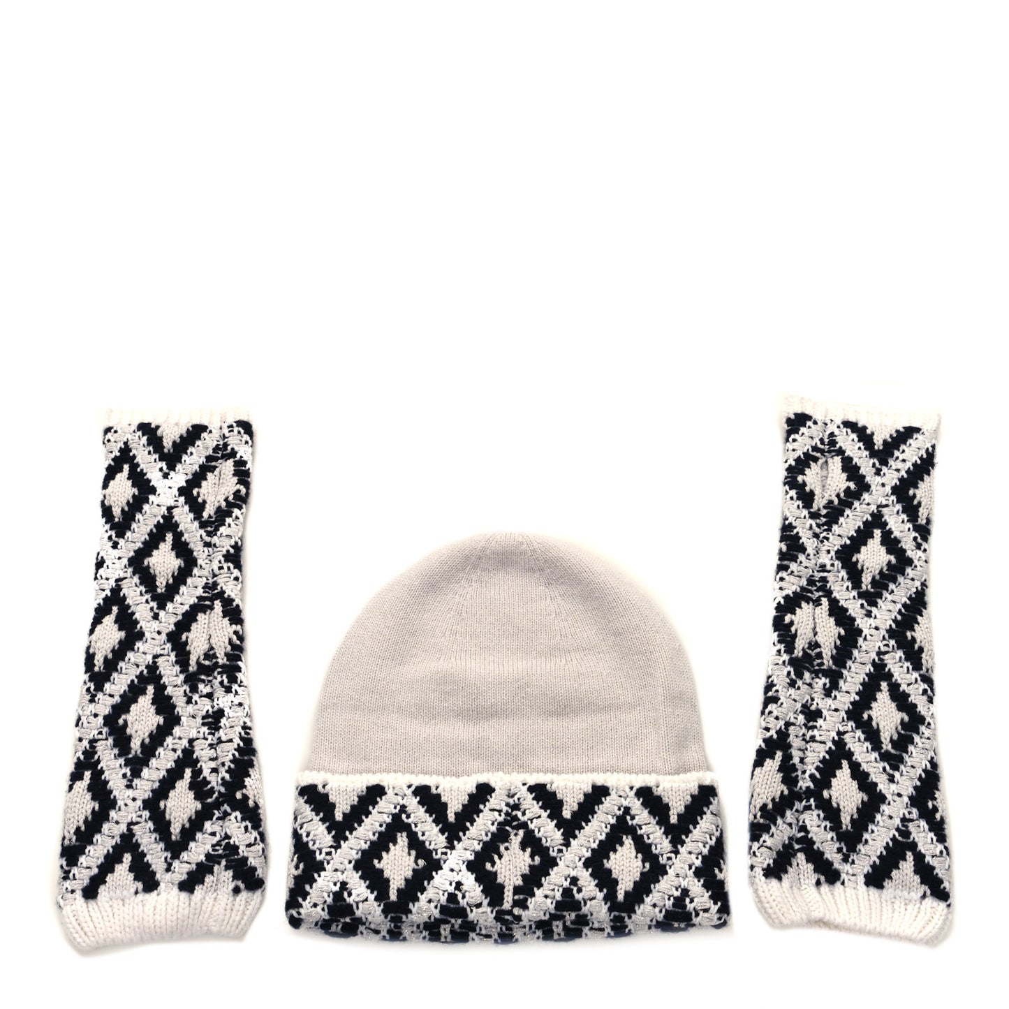 Cashmere Blend CC Beanie Hat With Gloves Set White Navy Blue