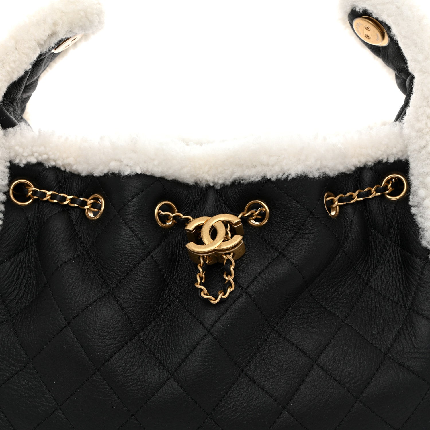 Chanel Crumpled Sheepskin Shearling Quilted Small Chanel 25 Handbag Black White 8 of 10