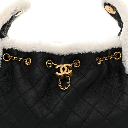 Chanel Crumpled Sheepskin Shearling Quilted Small Chanel 25 Handbag Black White 8 of 10