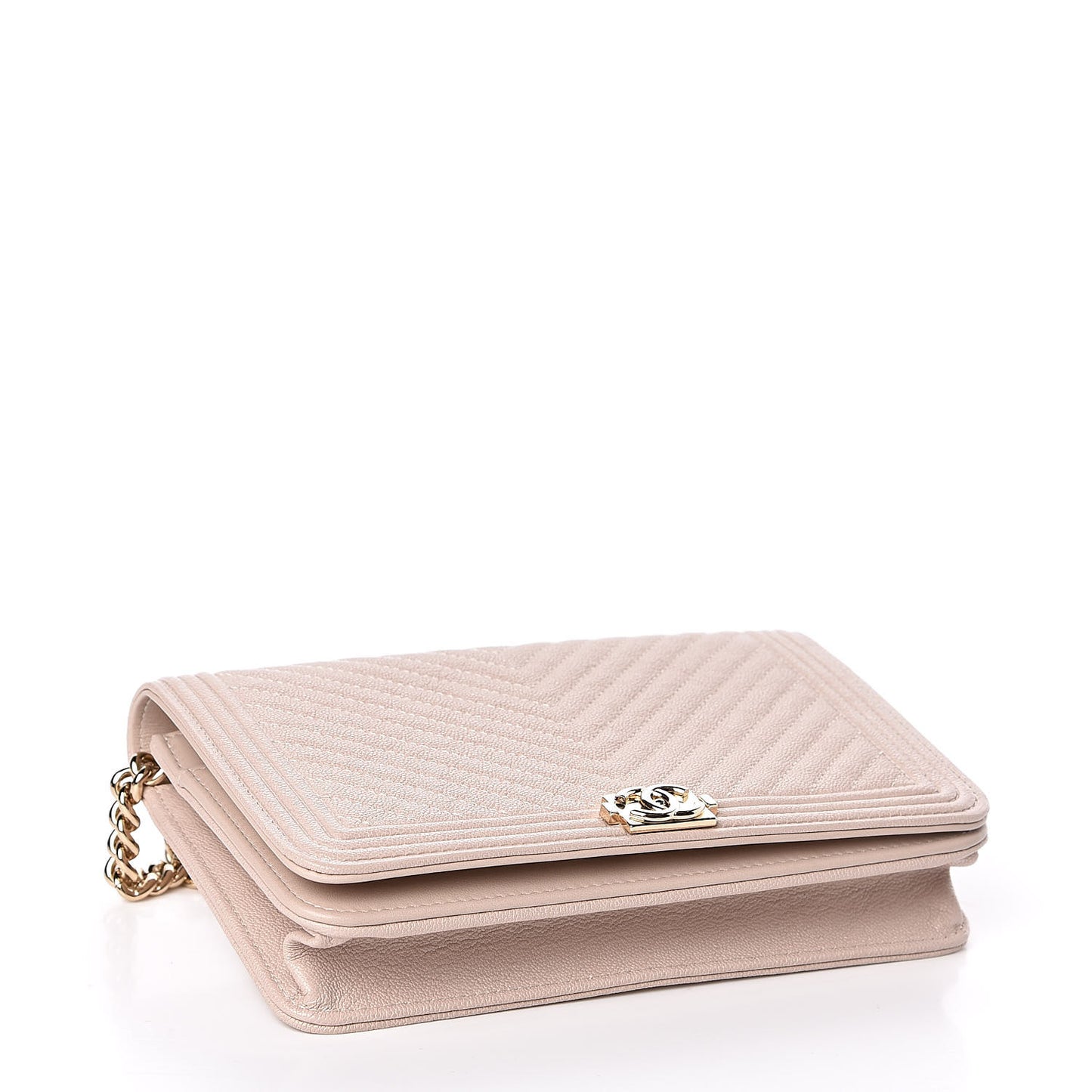 Caviar Chevron Quilted Boy Wallet On Chain WOC Light Beige
