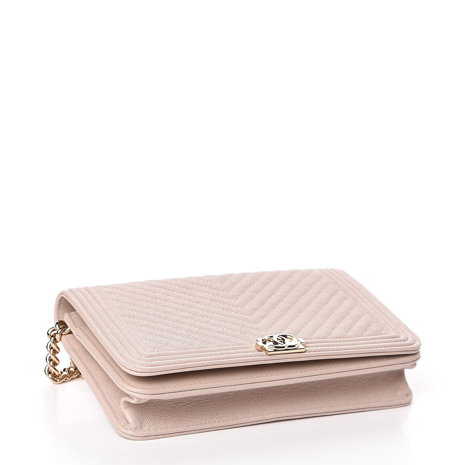 Chanel Caviar Chevron Quilted Boy Wallet On Chain WOC Light Beige 4 of 12