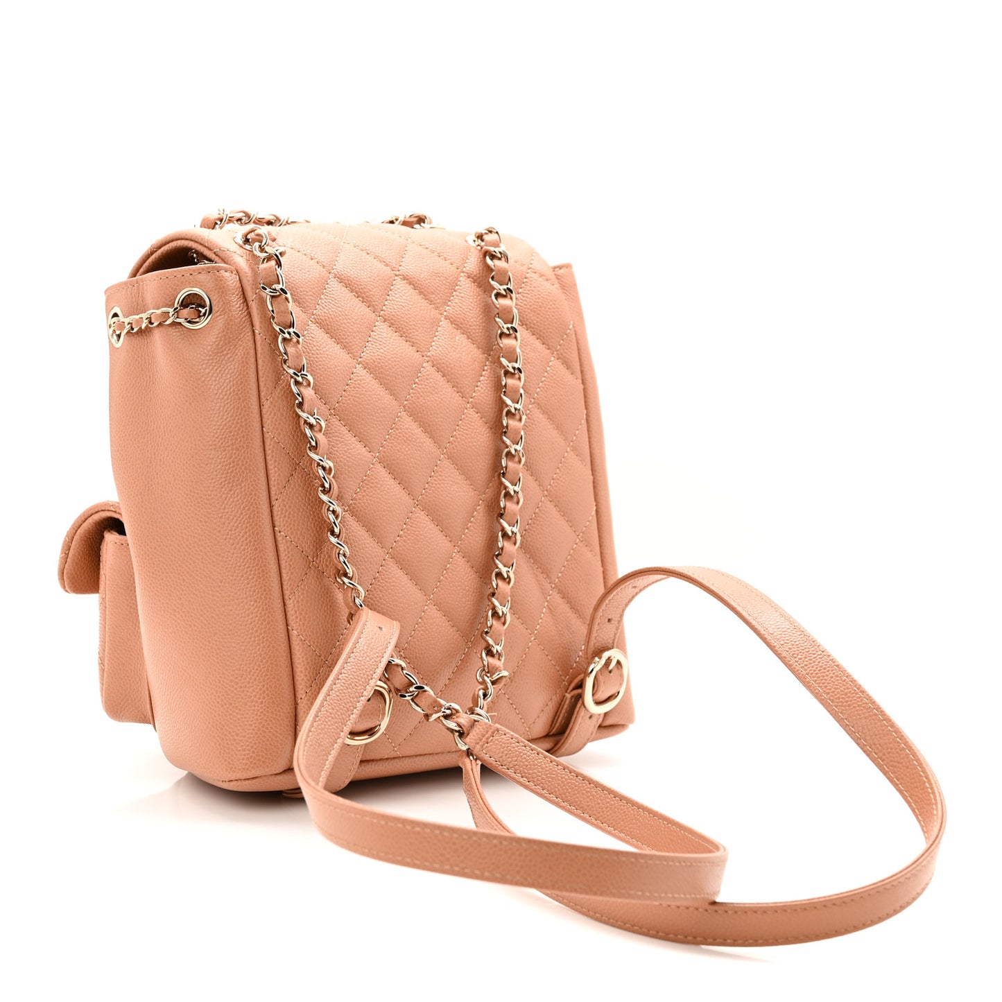 Shiny Caviar Quilted Medium Duma Pockets Drawstring Backpack Dark Beige