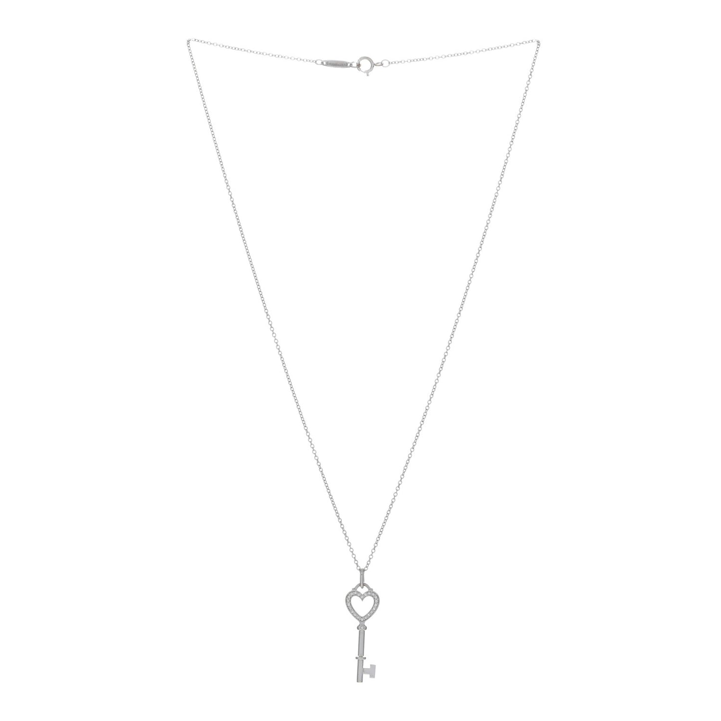 18K White Gold Diamond Mini Heart Key Charm Pendant Link Necklace